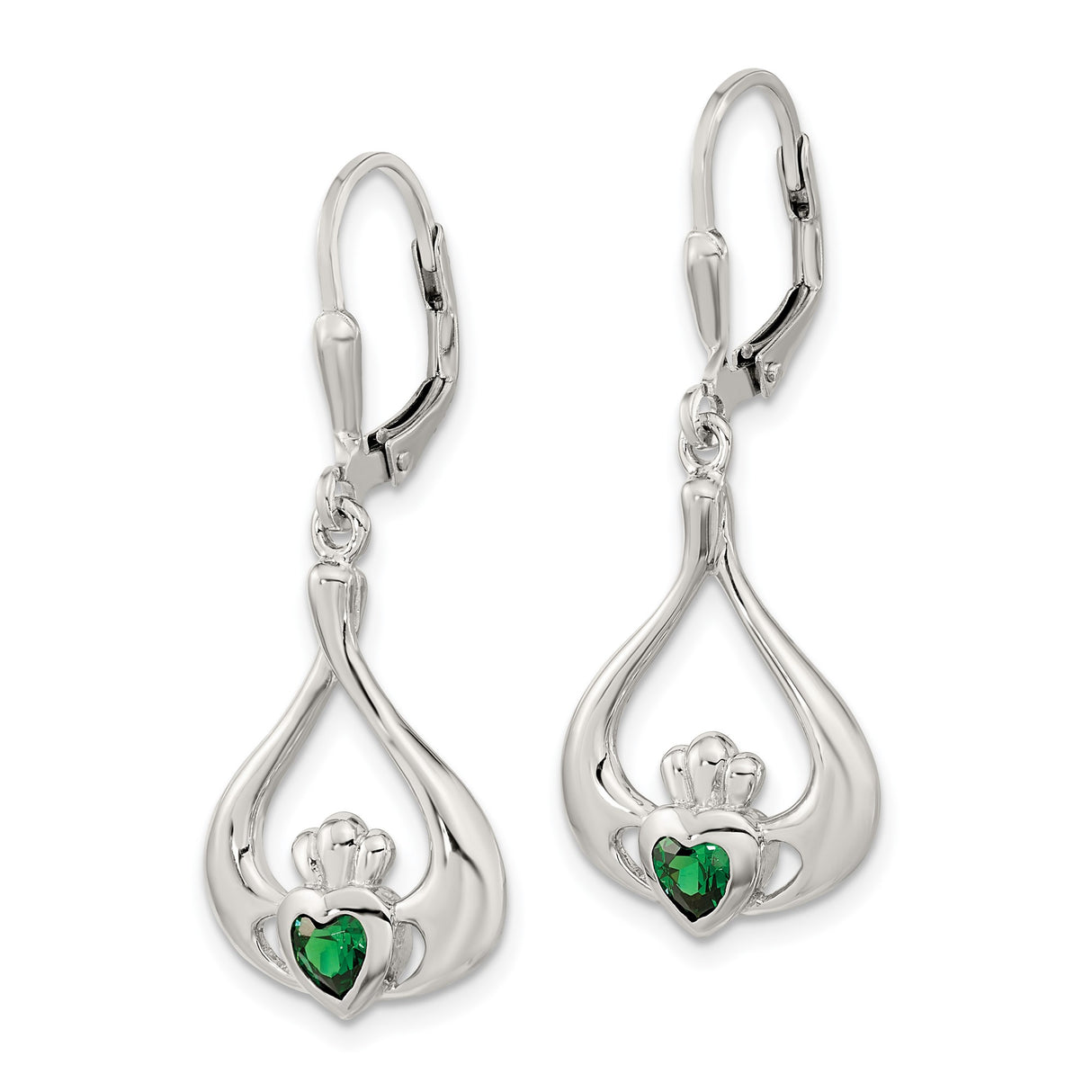 Sterling Silver Claddagh Dangle Earrings with Green Heart Cubic Zirconia, Celtic Design for Women