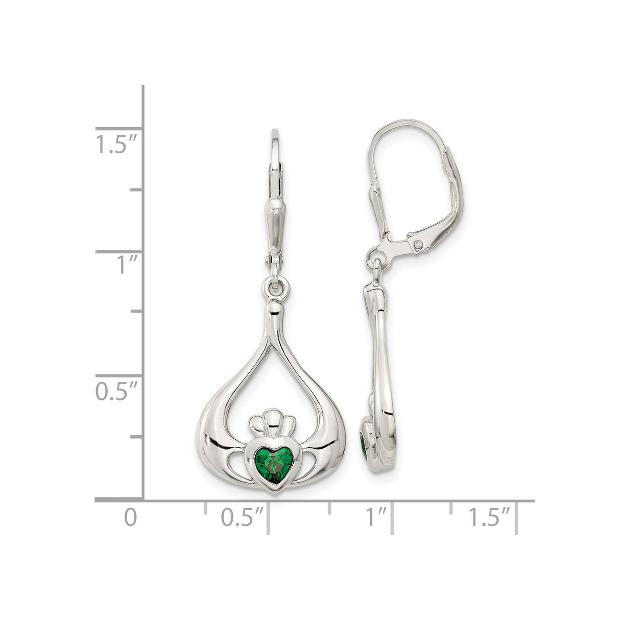 Sterling Silver Claddagh Dangle Earrings with Green Heart Cubic Zirconia, Celtic Design for Women