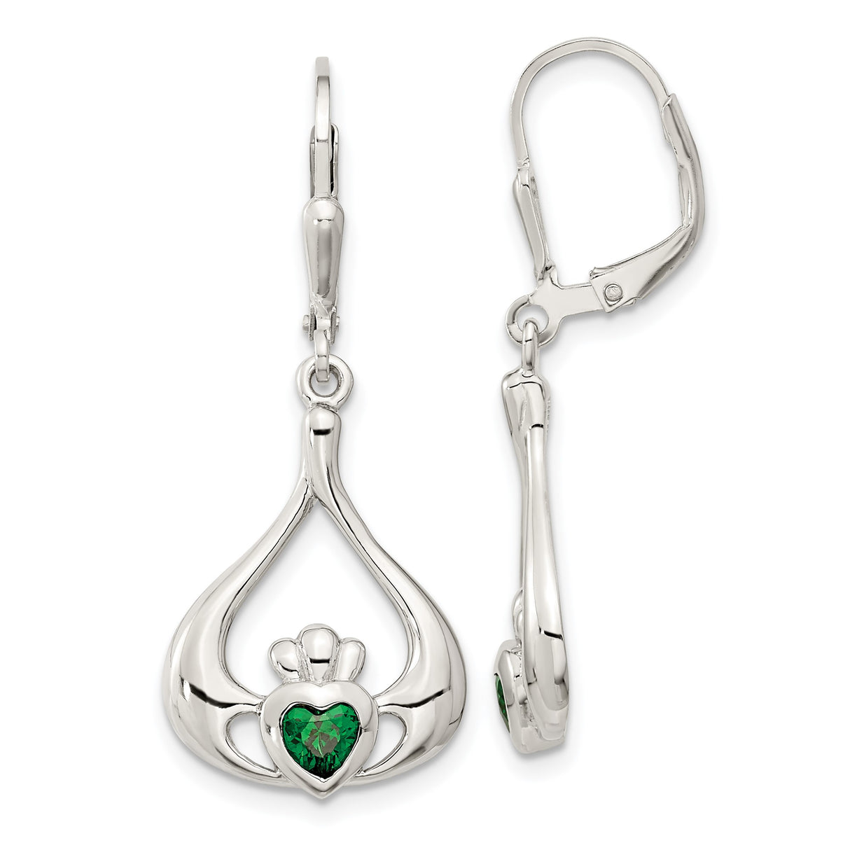 Sterling Silver Claddagh Dangle Earrings with Green Heart Cubic Zirconia, Celtic Design for Women