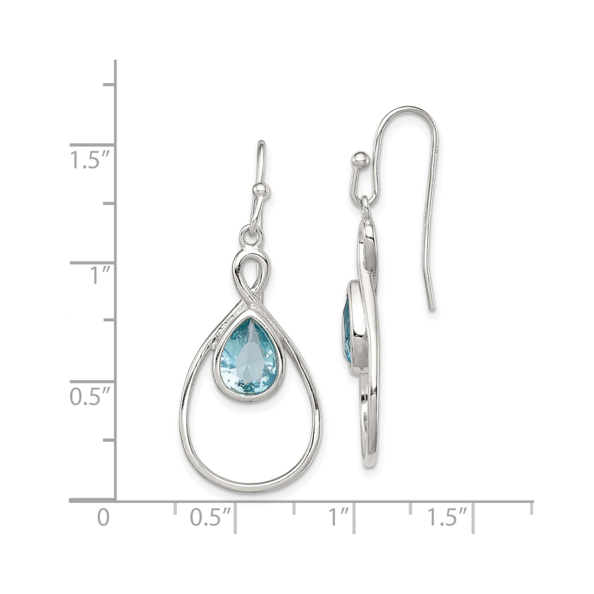 Sterling Silver Dangle Earrings with Pear Shaped Blue Glass in Teardrop Infinity Design
