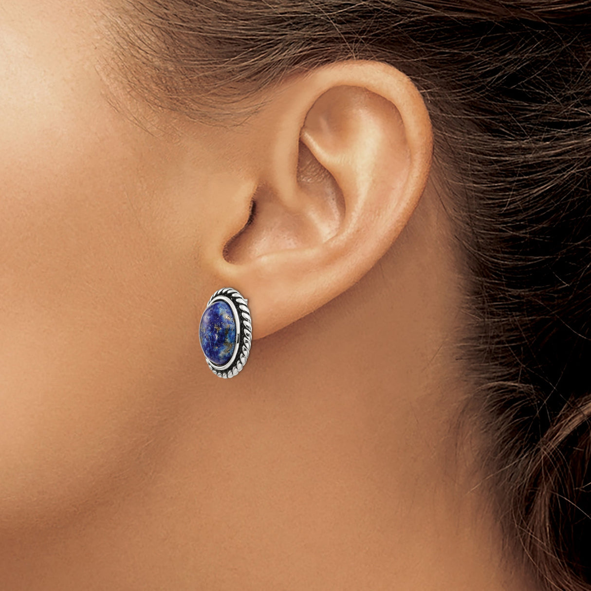 Sterling Silver Stud Earrings with Oval Lapis Lazuli, Twisted Rope Border, Boho Vintage Style