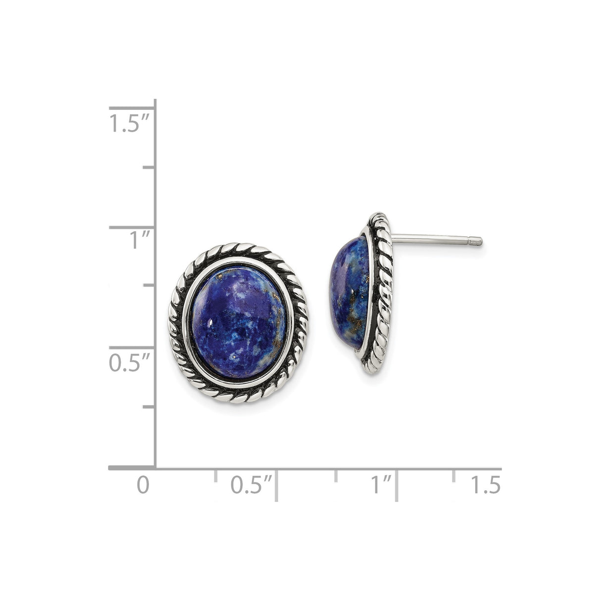 Sterling Silver Stud Earrings with Oval Lapis Lazuli, Twisted Rope Border, Boho Vintage Style