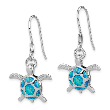 Sterling Silver Turtle Drop Earrings with Created Opal, Ocean Theme, Lightweight Design