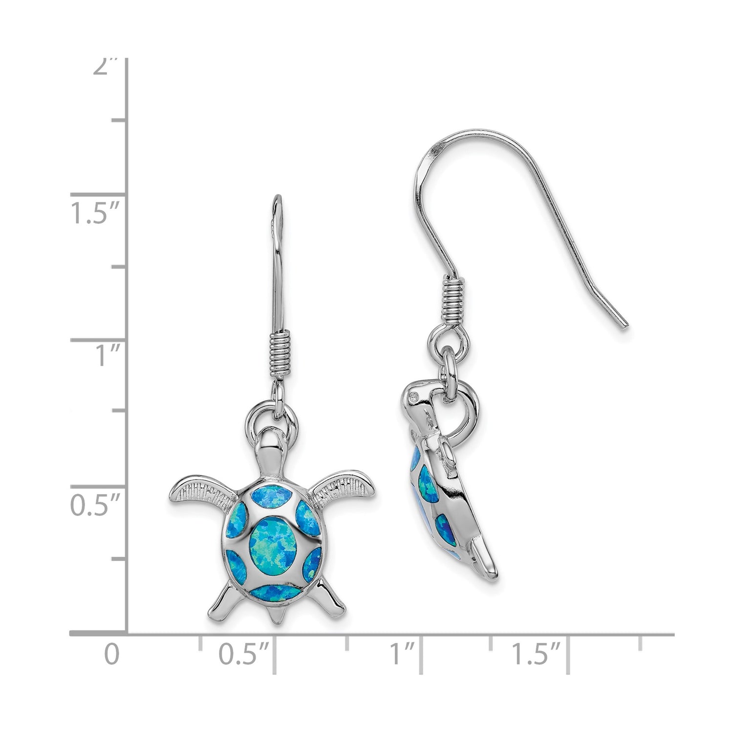 Sterling Silver Turtle Drop Earrings with Created Opal, Ocean Theme, Lightweight Design