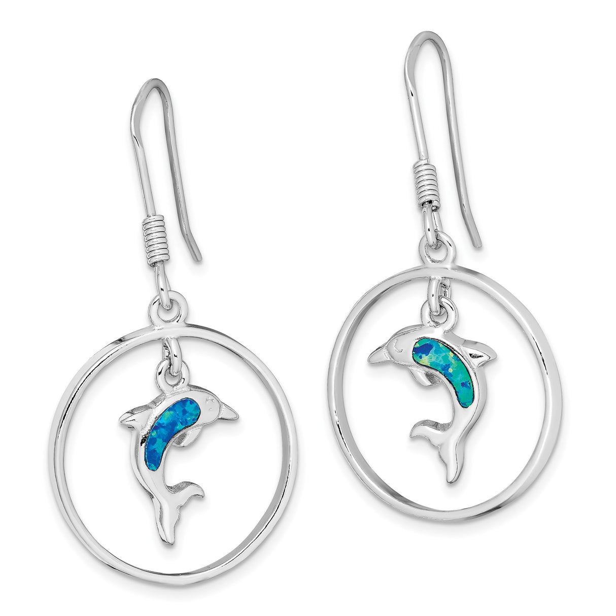 Sterling Silver Dangle Earrings with Created Opal Dolphin Charm, Nautical Ocean Theme