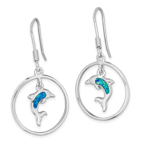 Sterling Silver Dangle Earrings with Created Opal Dolphin Charm, Nautical Ocean Theme