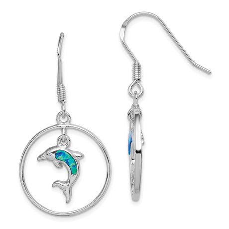 Sterling Silver Dangle Earrings with Created Opal Dolphin Charm, Nautical Ocean Theme