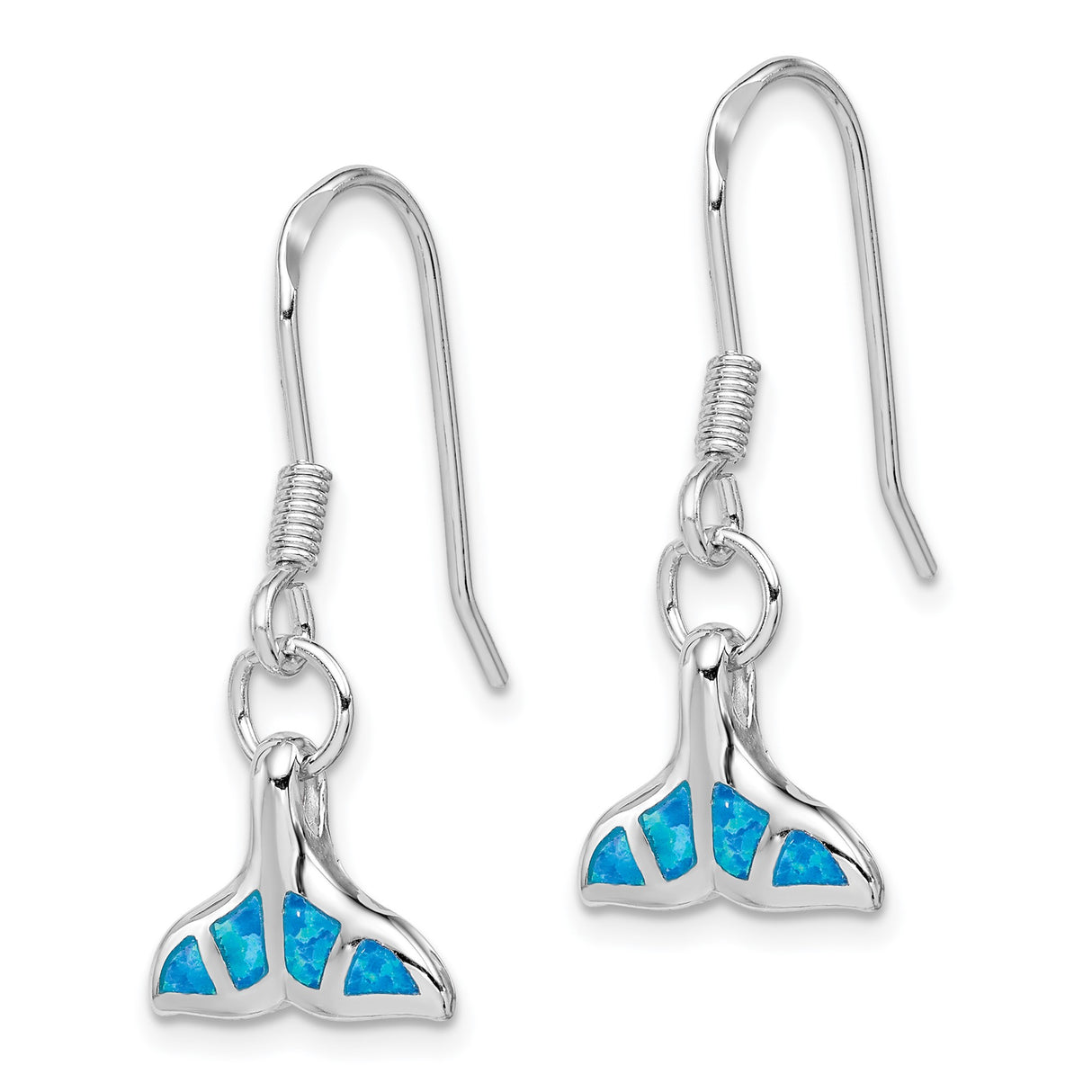 Sterling Silver Whale Tail Drop Earrings with Created Blue Opal, Nautical Ocean Theme