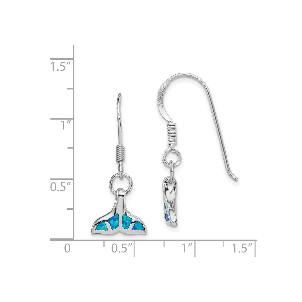 Sterling Silver Whale Tail Drop Earrings with Created Blue Opal, Nautical Ocean Theme