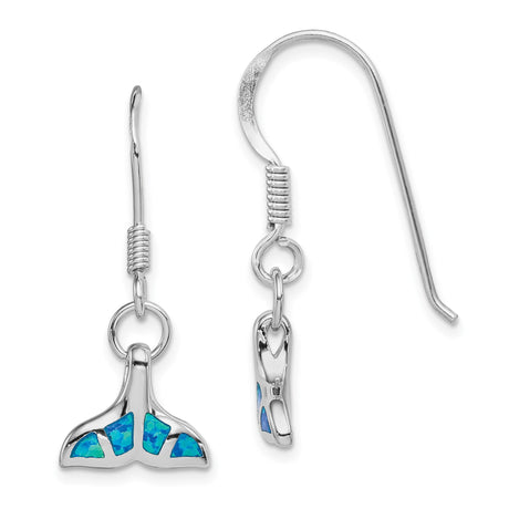 Sterling Silver Whale Tail Drop Earrings with Created Blue Opal, Nautical Ocean Theme