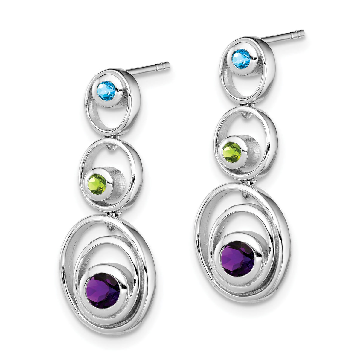 Sterling Silver Dangle Earrings with Amethyst and Peridot, Layered Open Oval Design