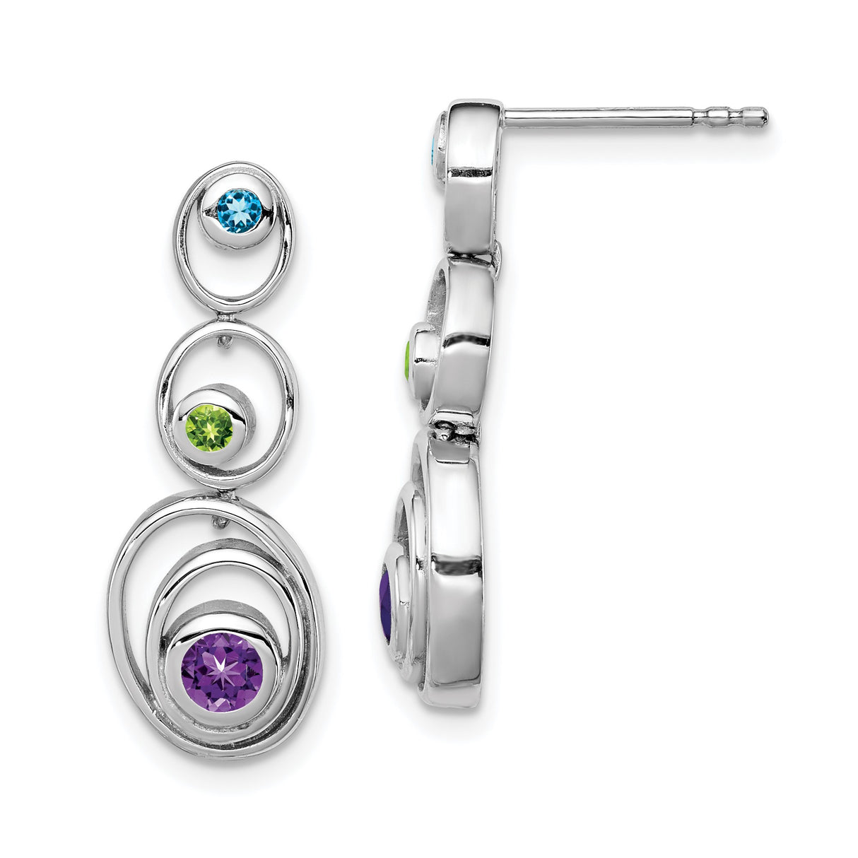 Sterling Silver Dangle Earrings with Amethyst and Peridot, Layered Open Oval Design
