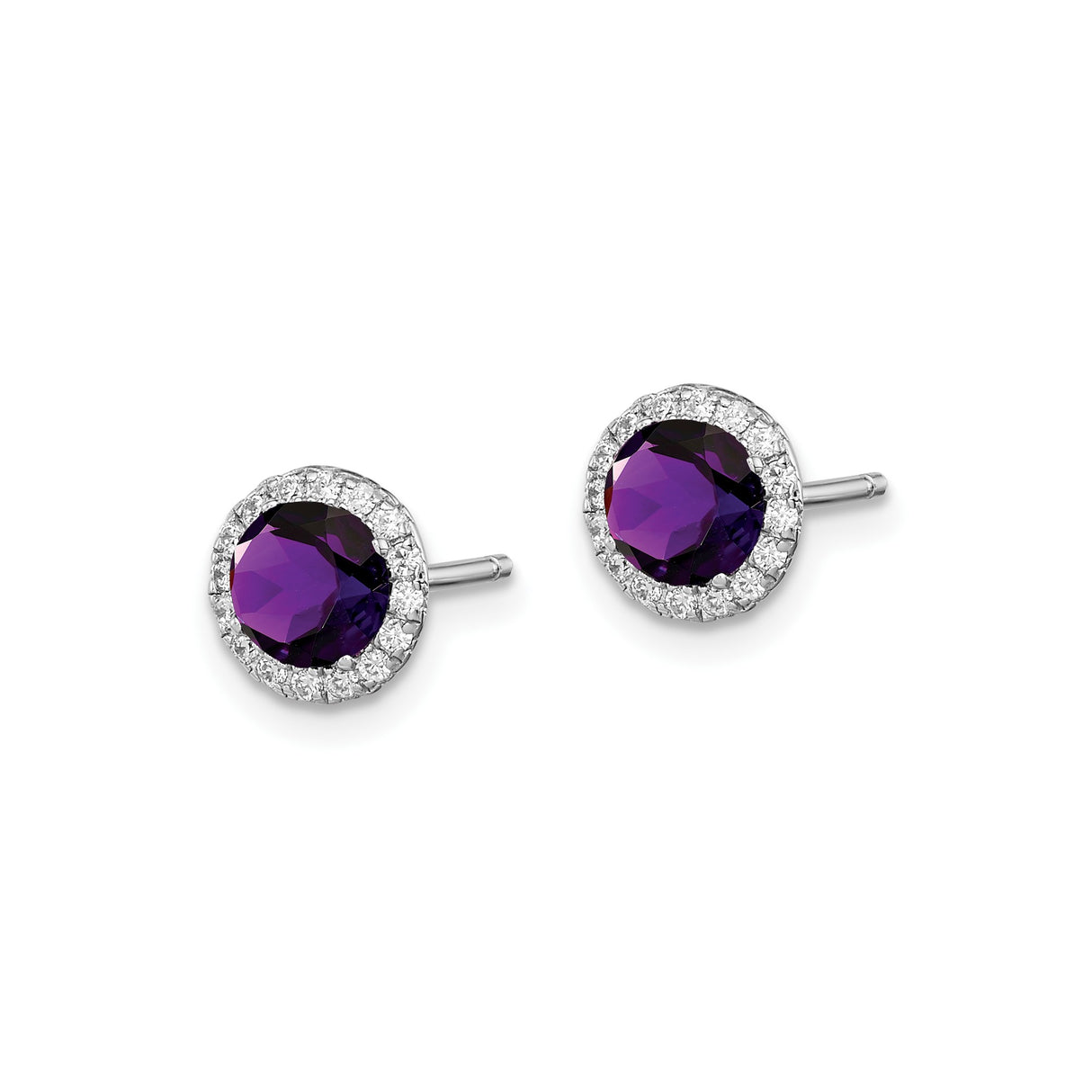 Sterling Silver Stud Earrings with Amethyst Cubic Zirconia, Halo Design