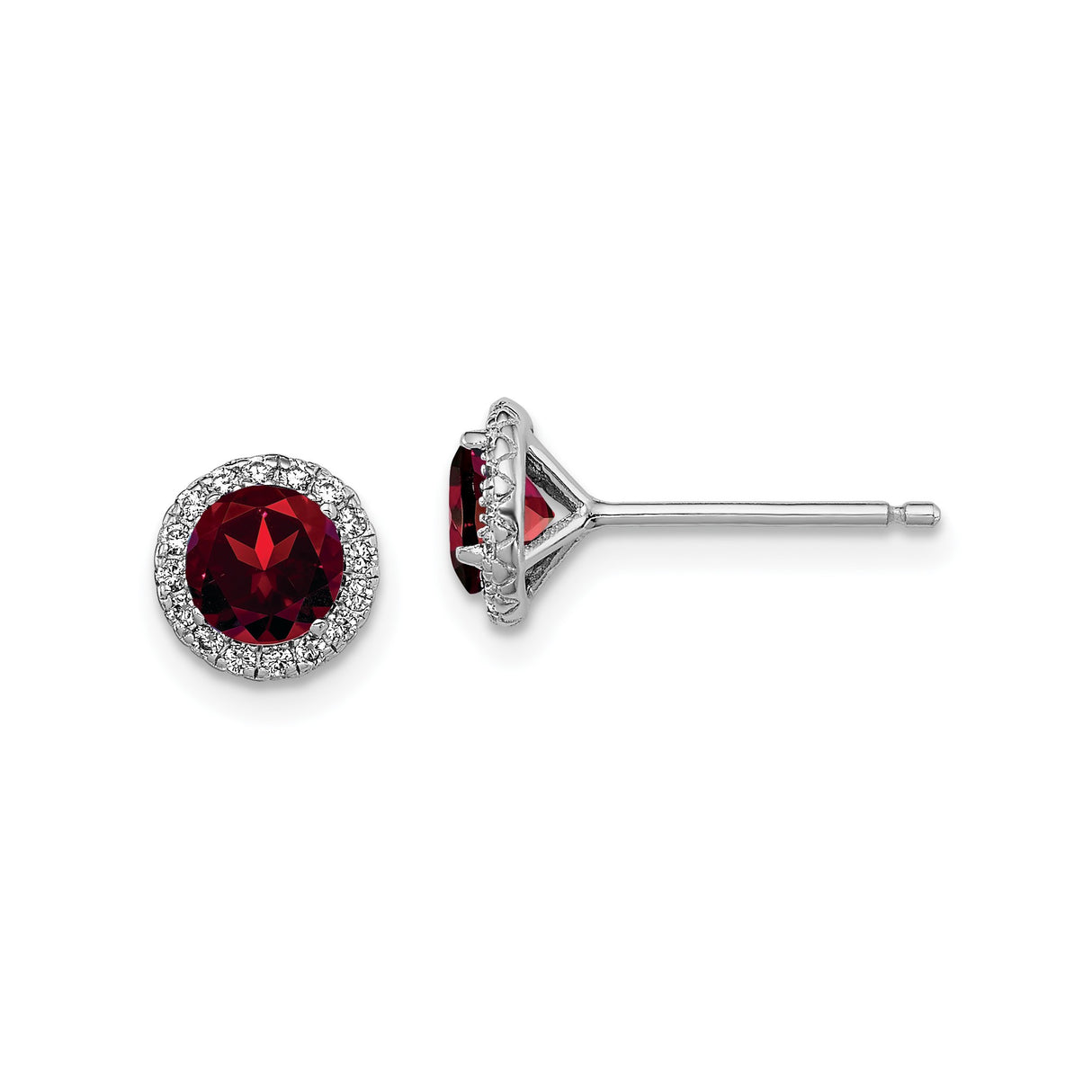 Sterling Silver Stud Earrings with Garnet and Cubic Zirconia Halo Design