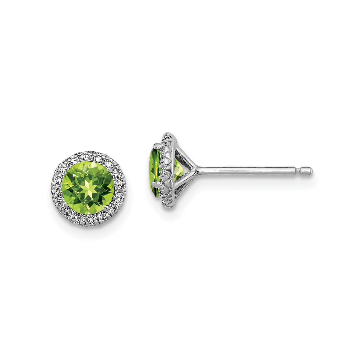 Sterling Silver Stud Earrings with Peridot Center and Cubic Zirconia Halo Accents