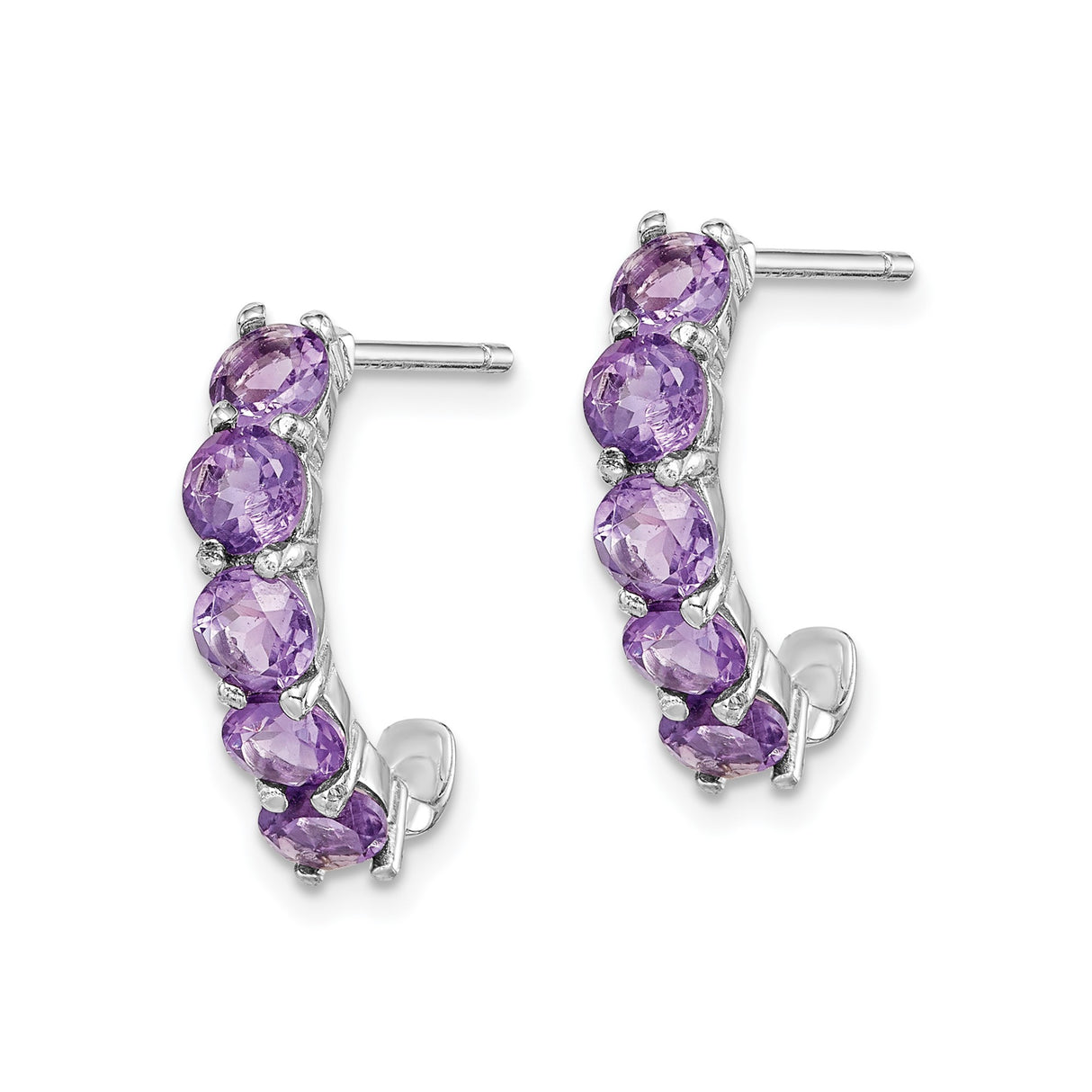 Sterling Silver Hoop Earrings with Amethyst Prong Set Gemstones, Feminine Half J Hoops for Women