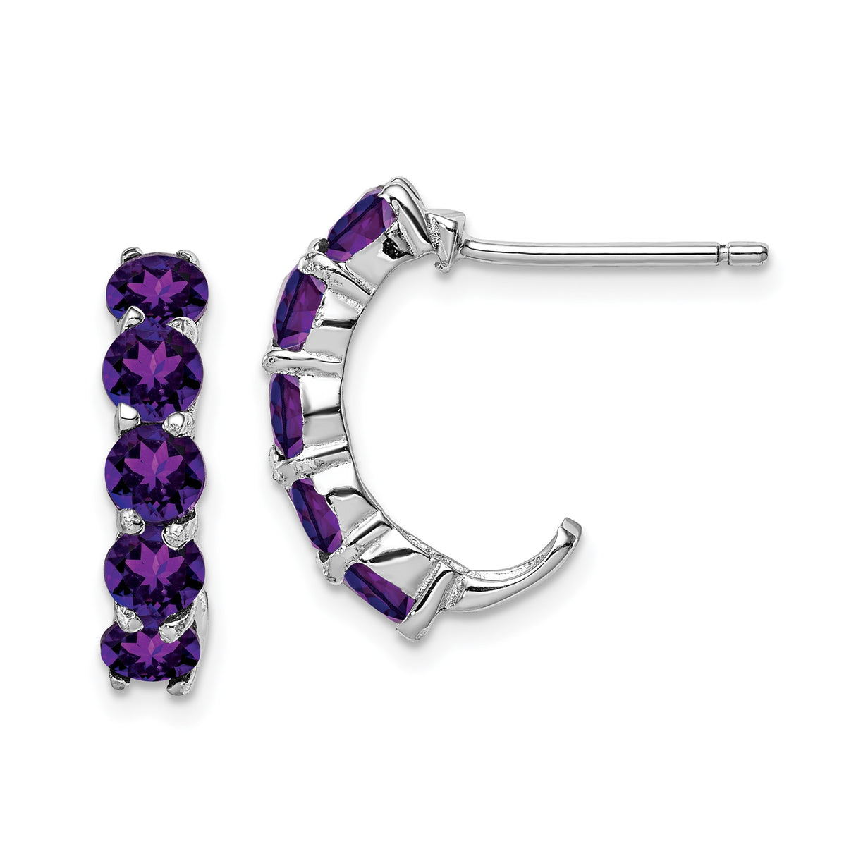 Sterling Silver Hoop Earrings with Amethyst Prong Set Gemstones, Feminine Half J Hoops for Women