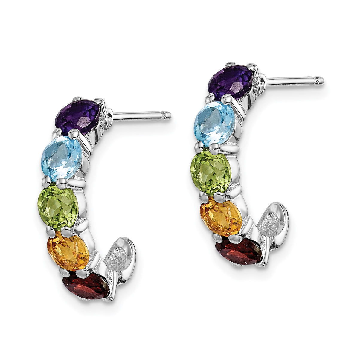 Sterling Silver Hoop Earrings with Amethyst and Blue Topaz, Multicolor Gemstone Statement Jewelry
