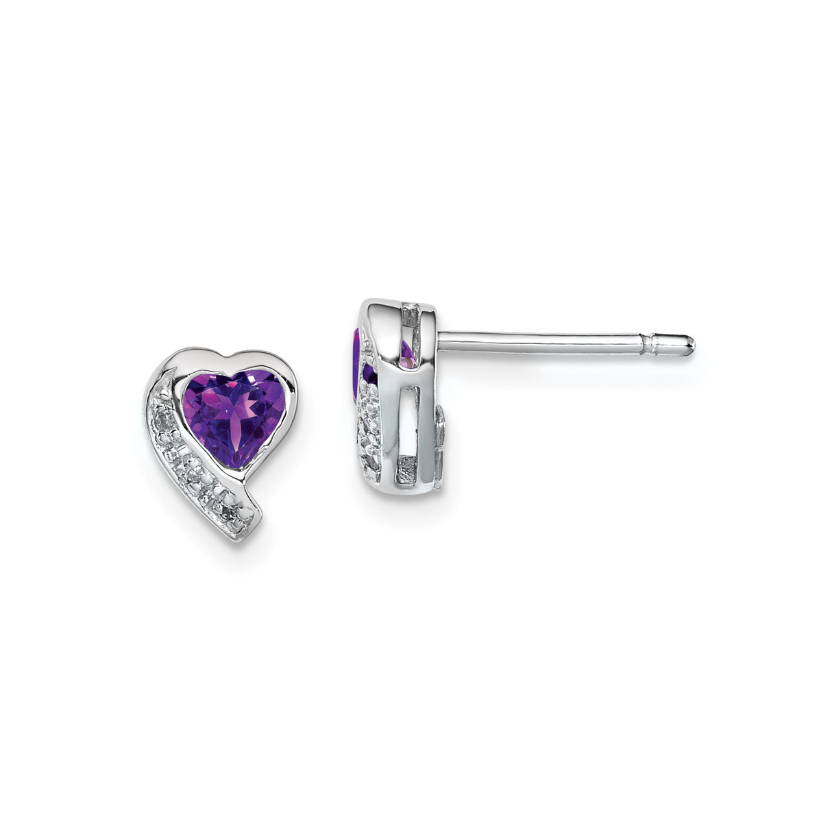 Sterling Silver Heart Stud Earrings with Amethyst and Diamond Accents for Women