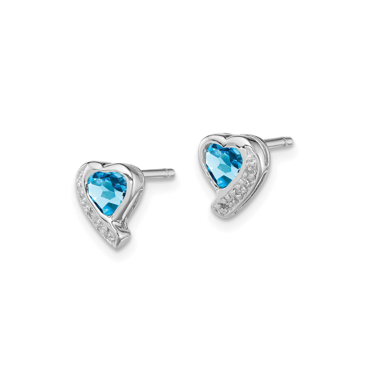 Sterling Silver Heart Stud Earrings with Swiss Blue Topaz and Diamond Accents