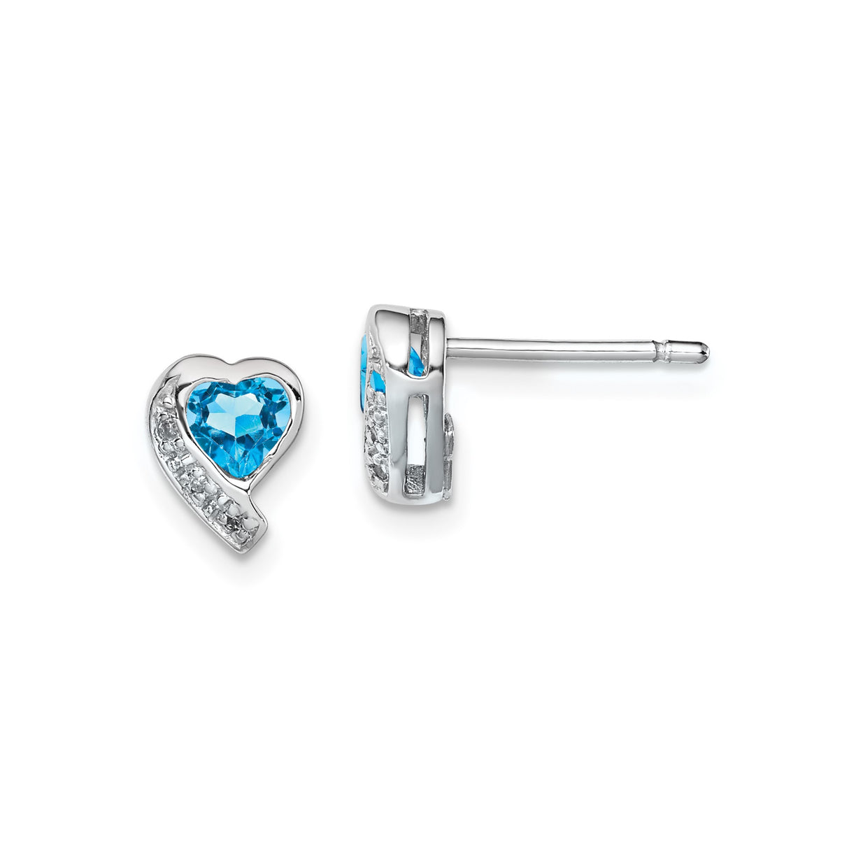 Sterling Silver Heart Stud Earrings with Swiss Blue Topaz and Diamond Accents