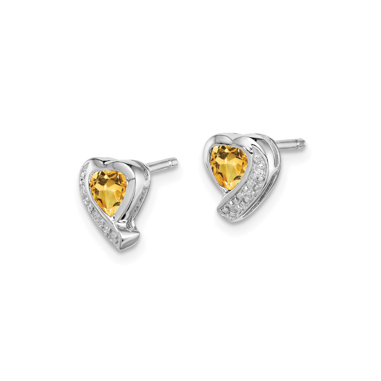 Sterling Silver Heart Stud Earrings with Citrine Center and Diamond Accents for Women