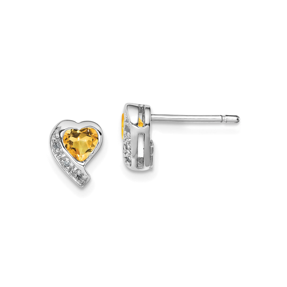 Sterling Silver Heart Stud Earrings with Citrine Center and Diamond Accents for Women