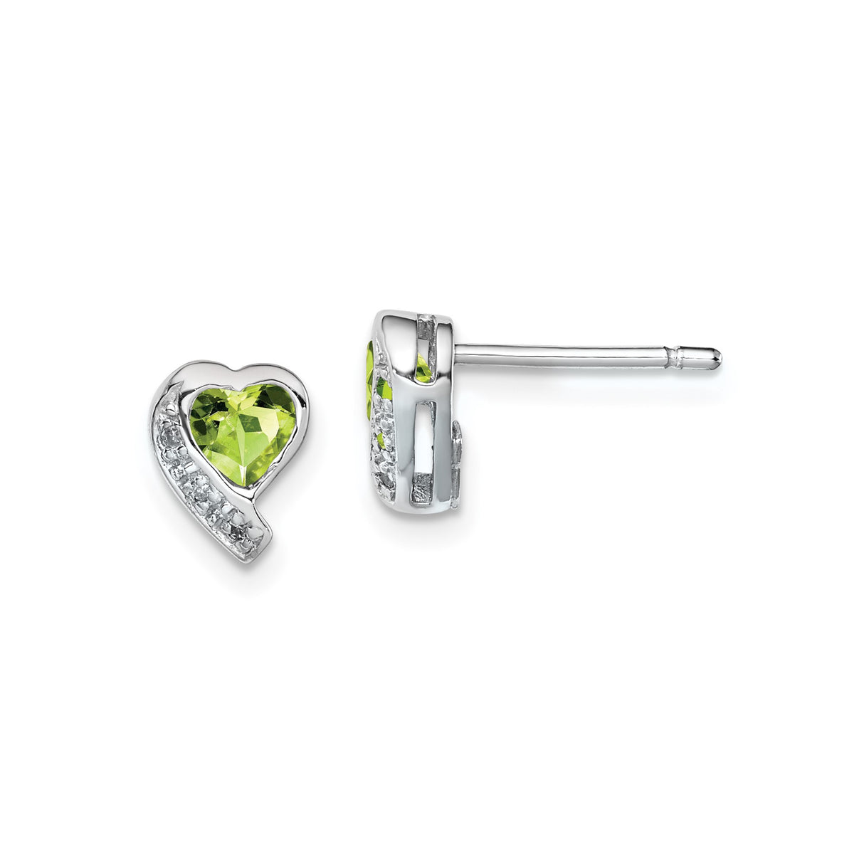 Sterling Silver Heart Shaped Stud Earrings with Peridot and Diamond Accents