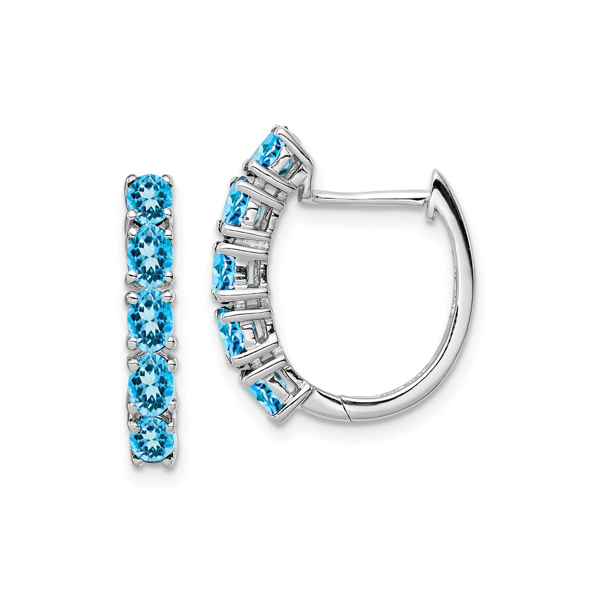 Sterling Silver Hoop Earrings with Swiss Blue Topaz, Shared Prong Setting, Polished Finish