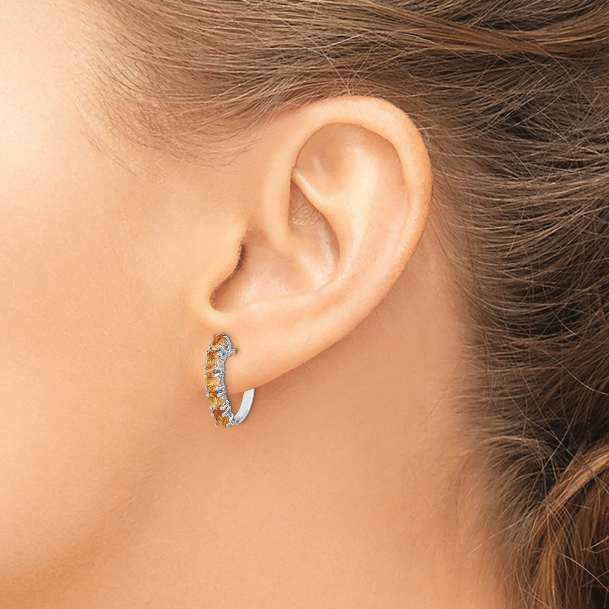 Sterling Silver Hoop Earrings with Citrine in Channel Setting, November Birthstone Jewelry