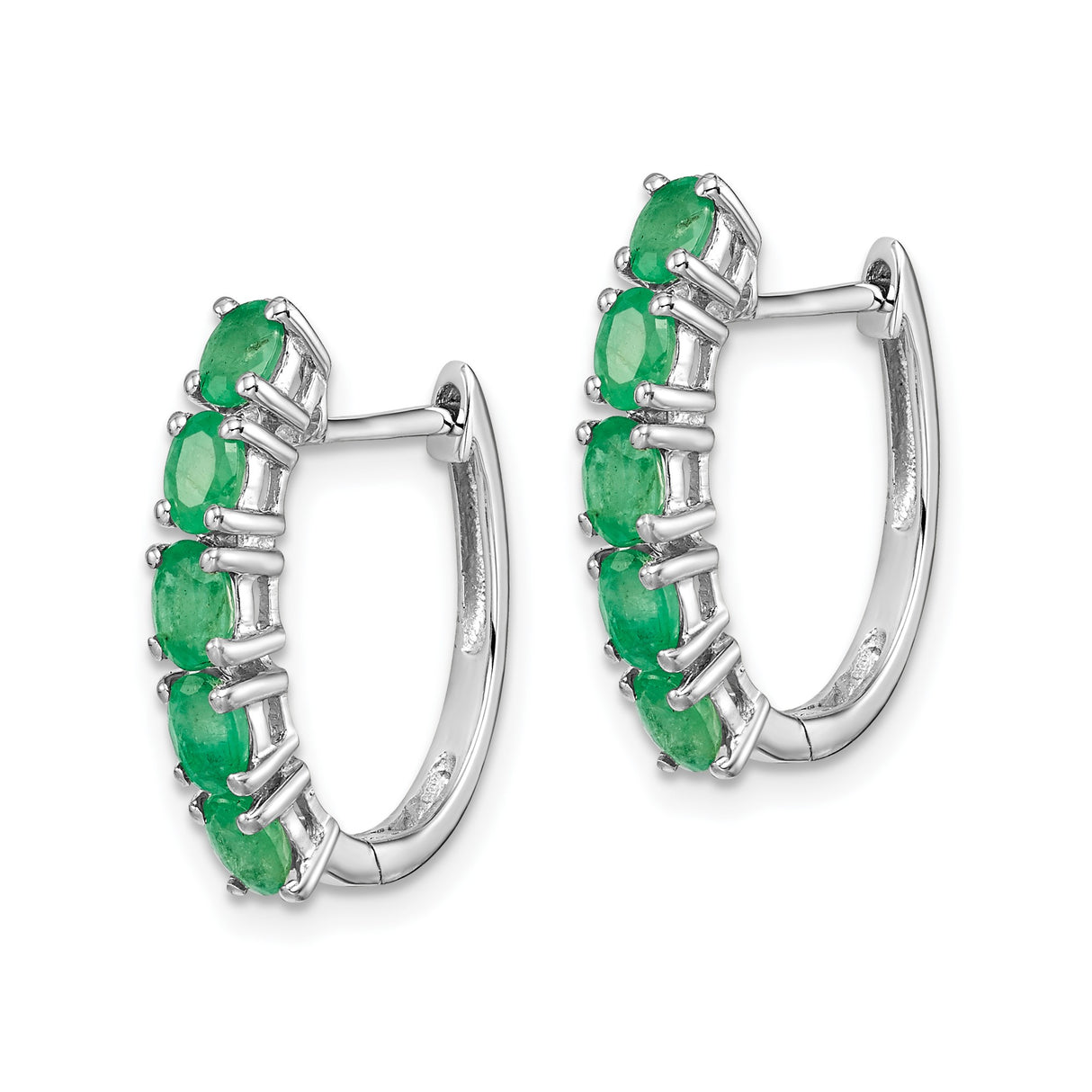 Sterling Silver Hoop Earrings with Oval Cut Emerald in Channel Setting, Modern Minimalist Style