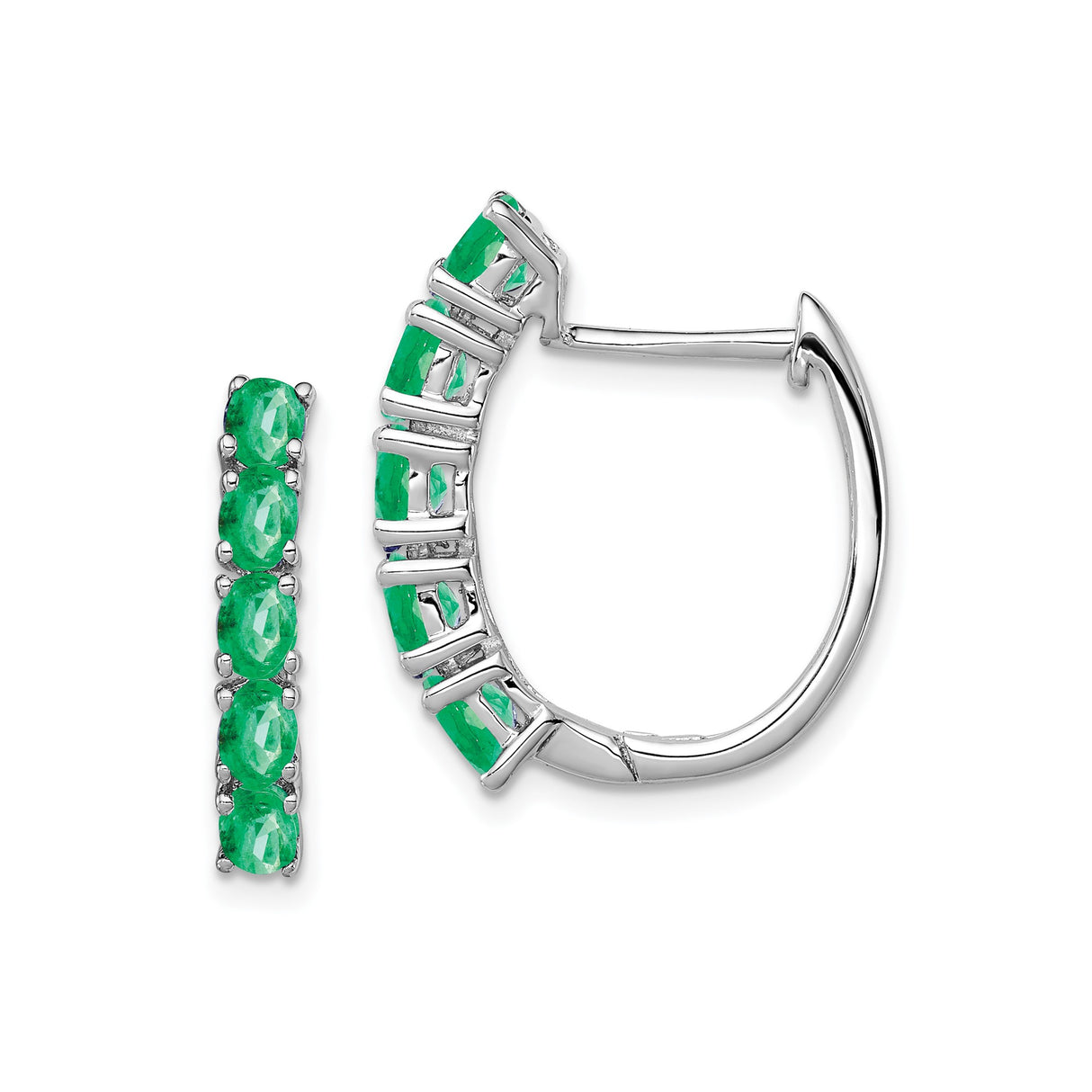Sterling Silver Hoop Earrings with Oval Cut Emerald in Channel Setting, Modern Minimalist Style
