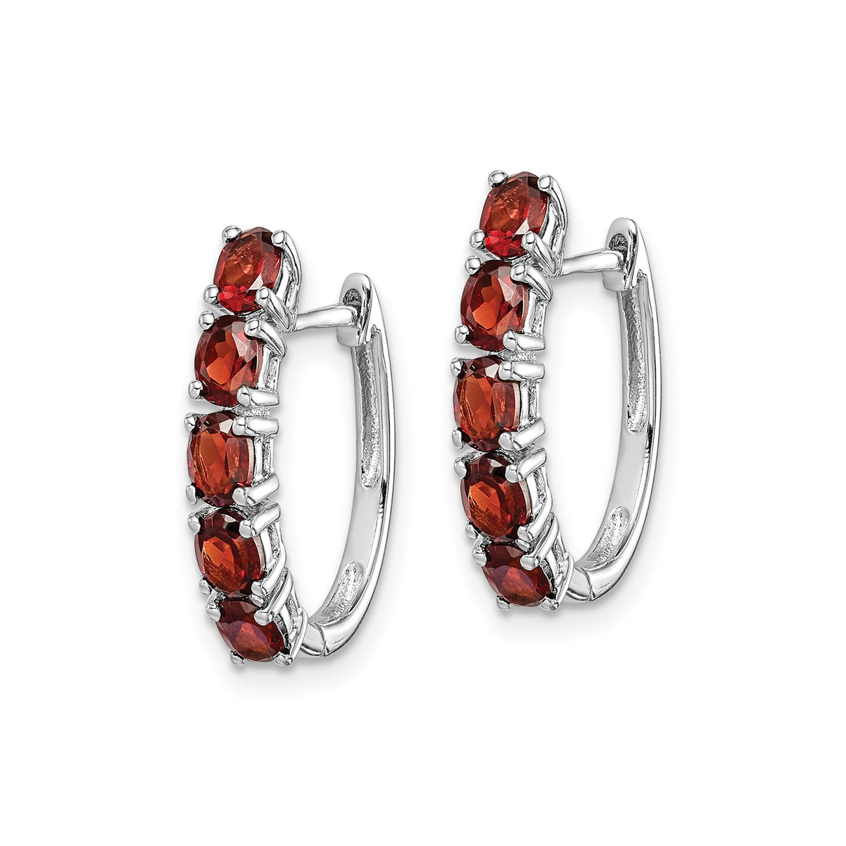 Sterling Silver Hoop Earrings with Garnet, Oval Cut Vertical Channel Setting, Classic Style