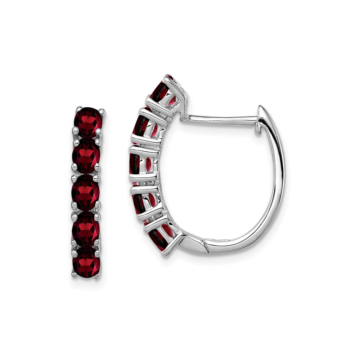 Sterling Silver Hoop Earrings with Garnet, Oval Cut Vertical Channel Setting, Classic Style