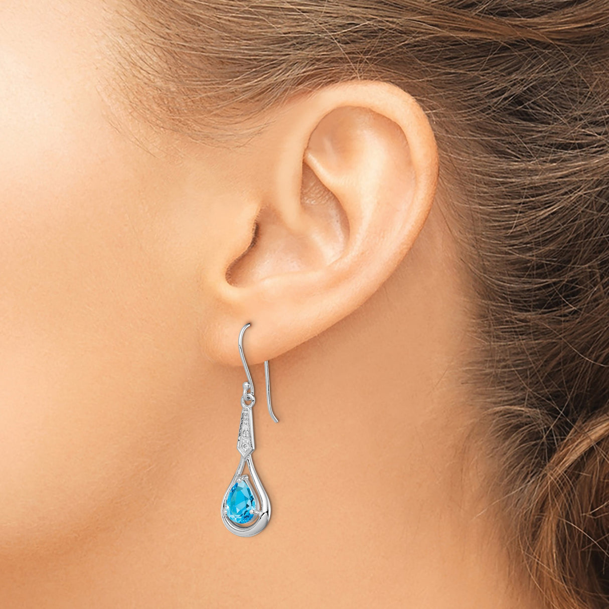Sterling Silver Teardrop Dangle Earrings with Pear Shaped Swiss Blue Topaz and Cubic Zirconia