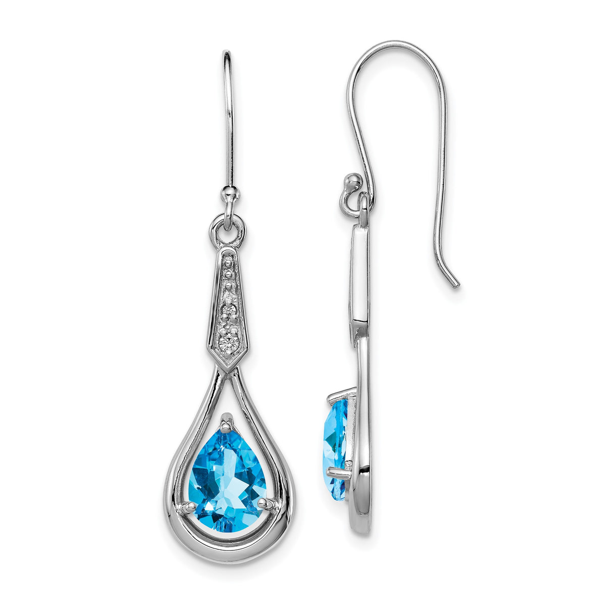 Sterling Silver Teardrop Dangle Earrings with Pear Shaped Swiss Blue Topaz and Cubic Zirconia