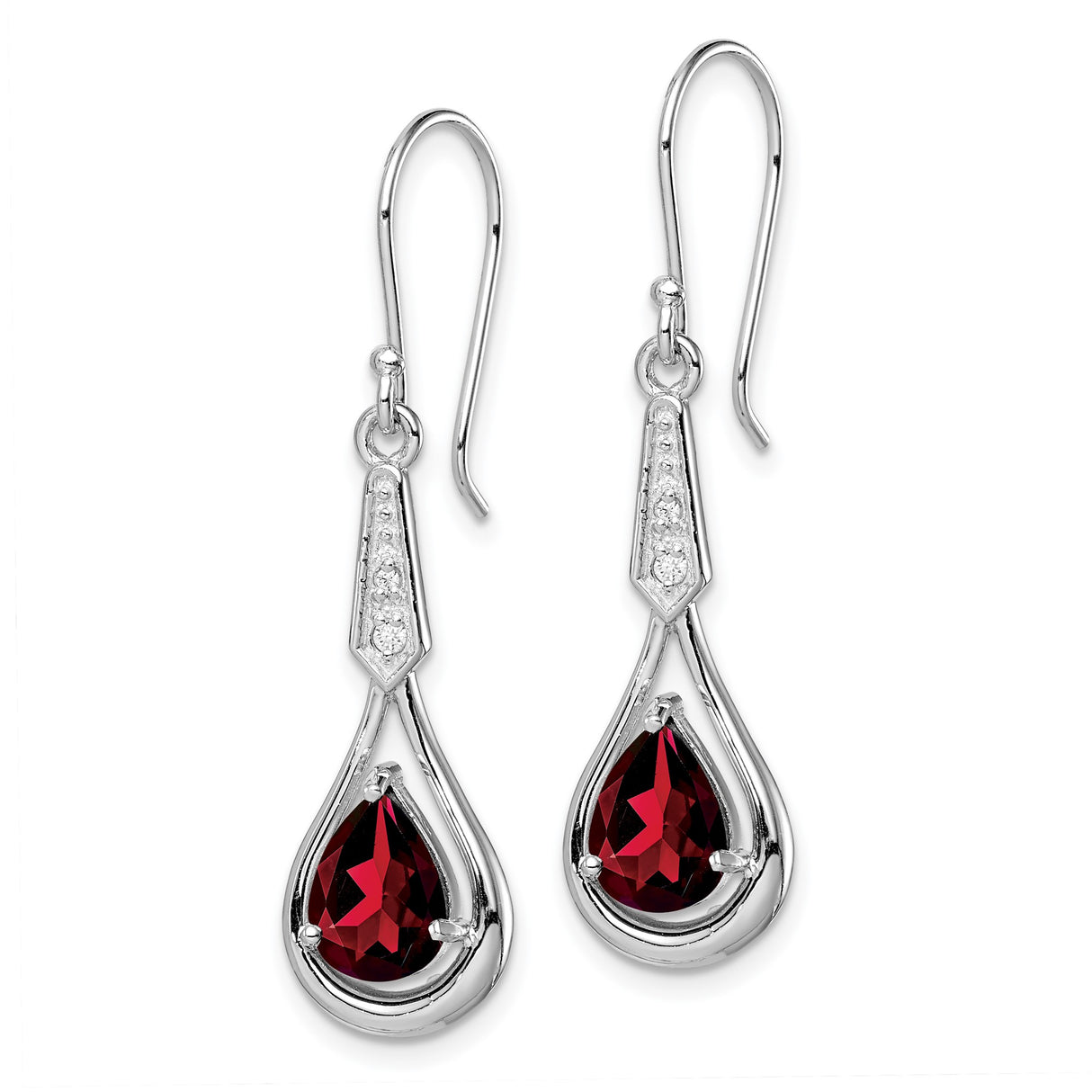 Sterling Silver Dangle Earrings with Pear Shaped Garnet and Cubic Zirconia Accents