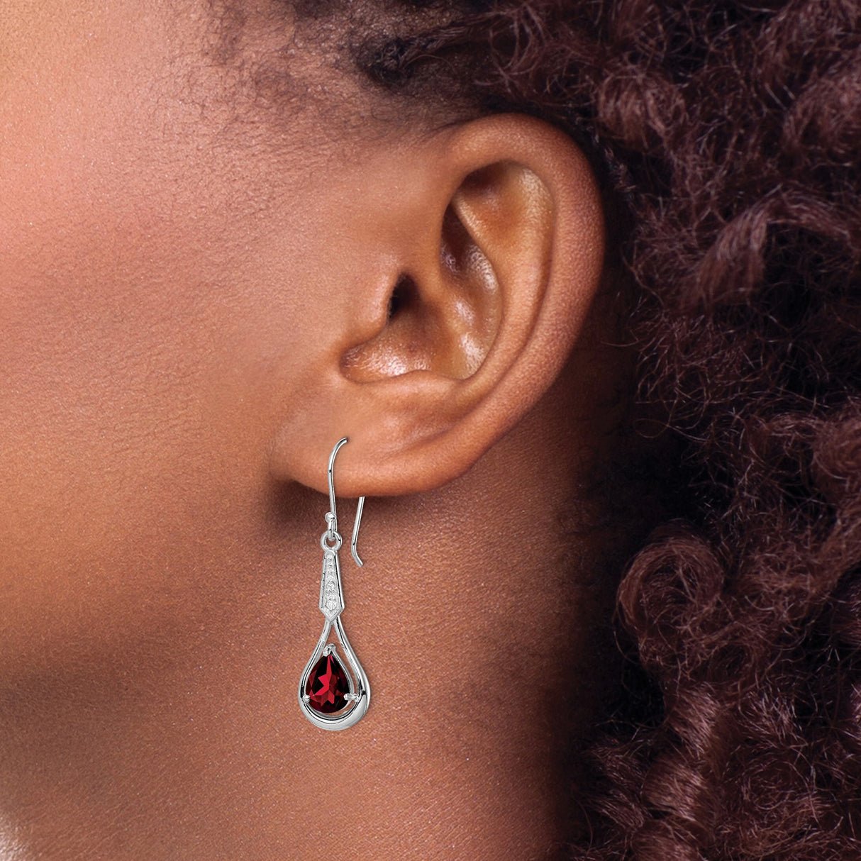 Sterling Silver Dangle Earrings with Pear Shaped Garnet and Cubic Zirconia Accents
