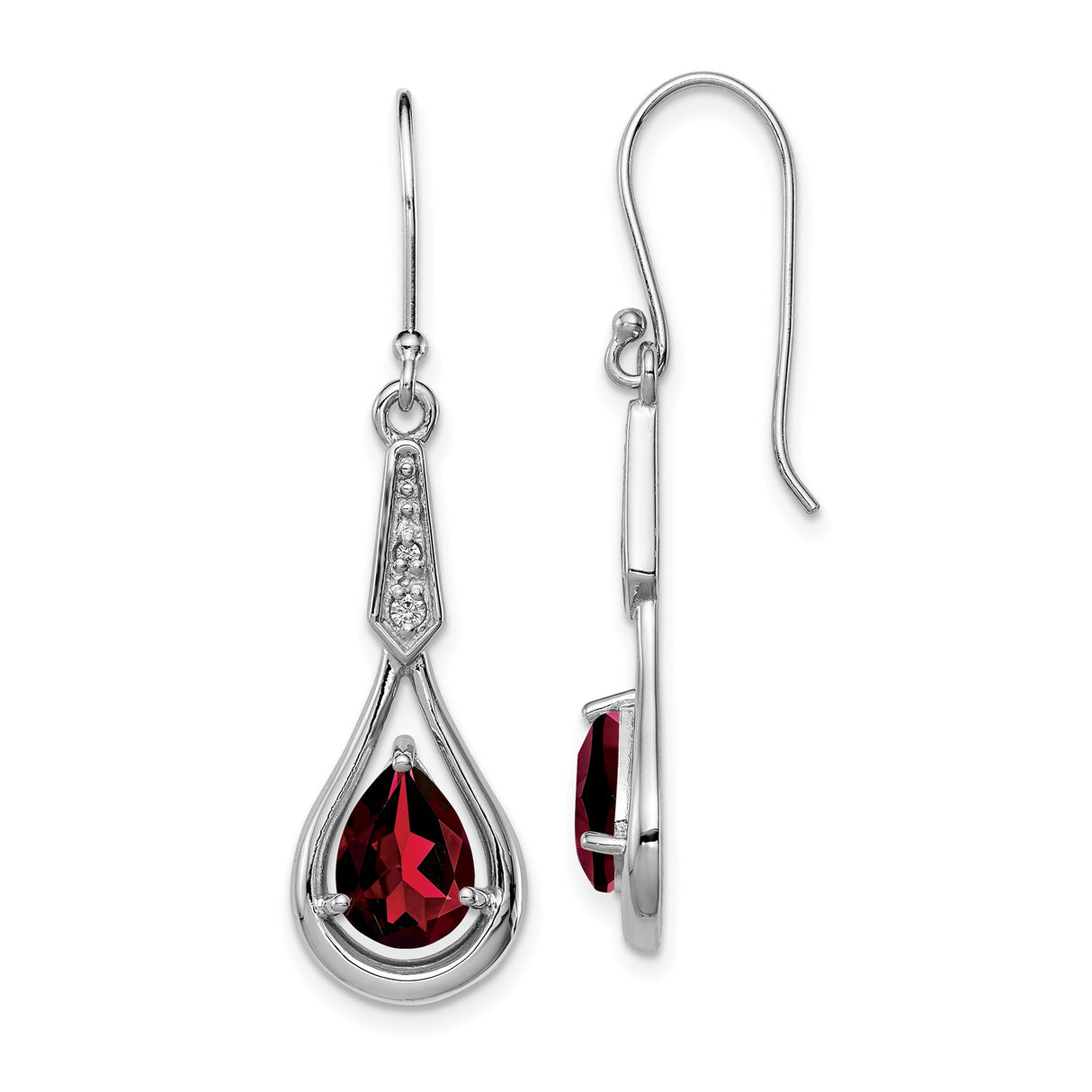 Sterling Silver Dangle Earrings with Pear Shaped Garnet and Cubic Zirconia Accents
