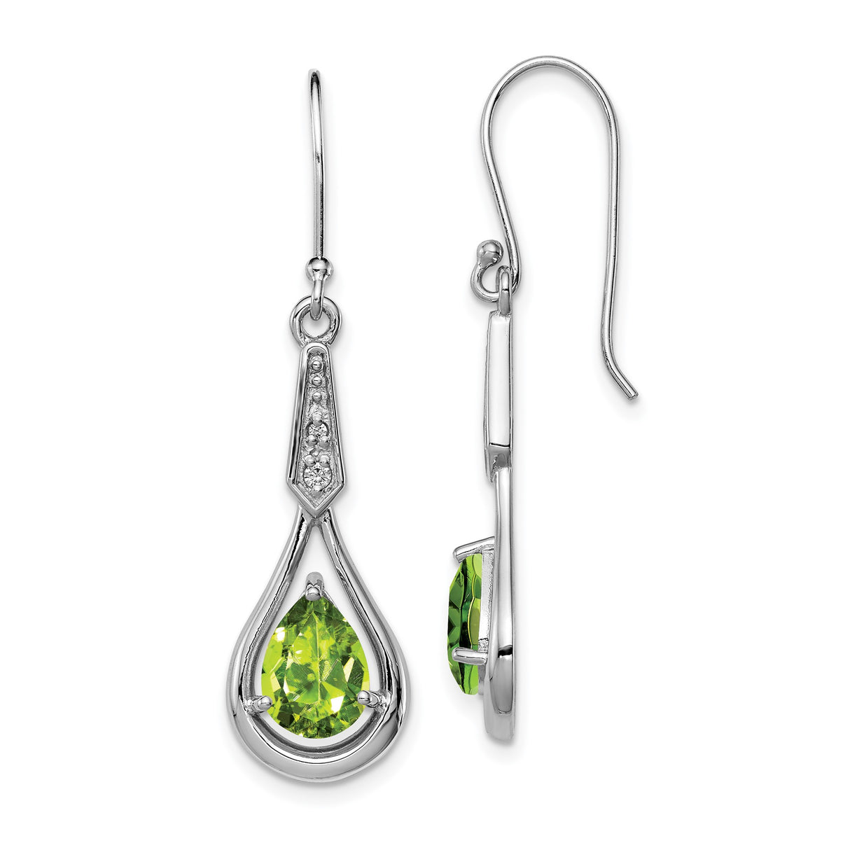 Sterling Silver Dangle Earrings with Peridot and Cubic Zirconia, Teardrop Open Loop Design