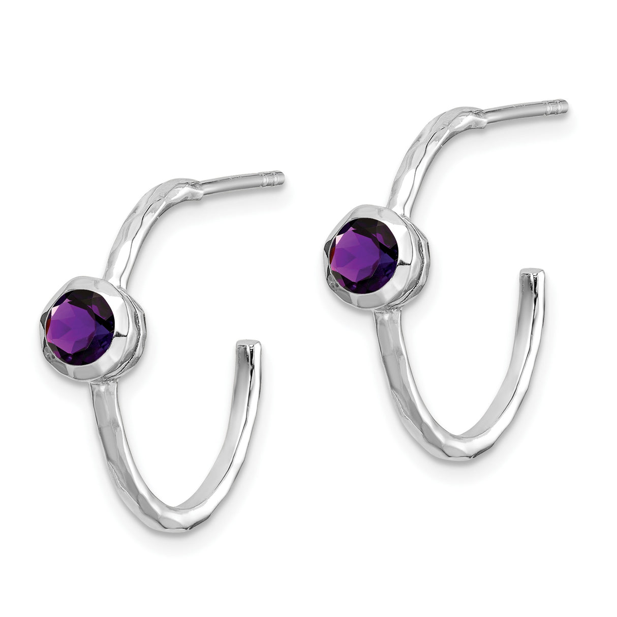 Sterling Silver Hoop Earrings with Amethyst, Hammered Finish, Modern Minimal Design