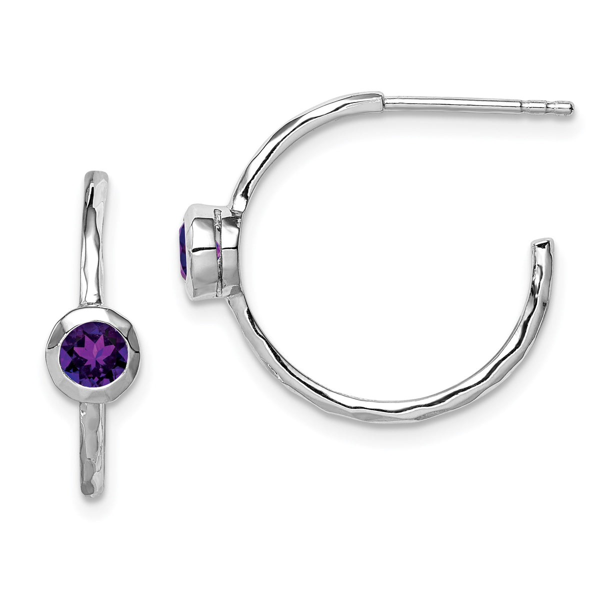 Sterling Silver Hoop Earrings with Amethyst, Hammered Finish, Modern Minimal Design