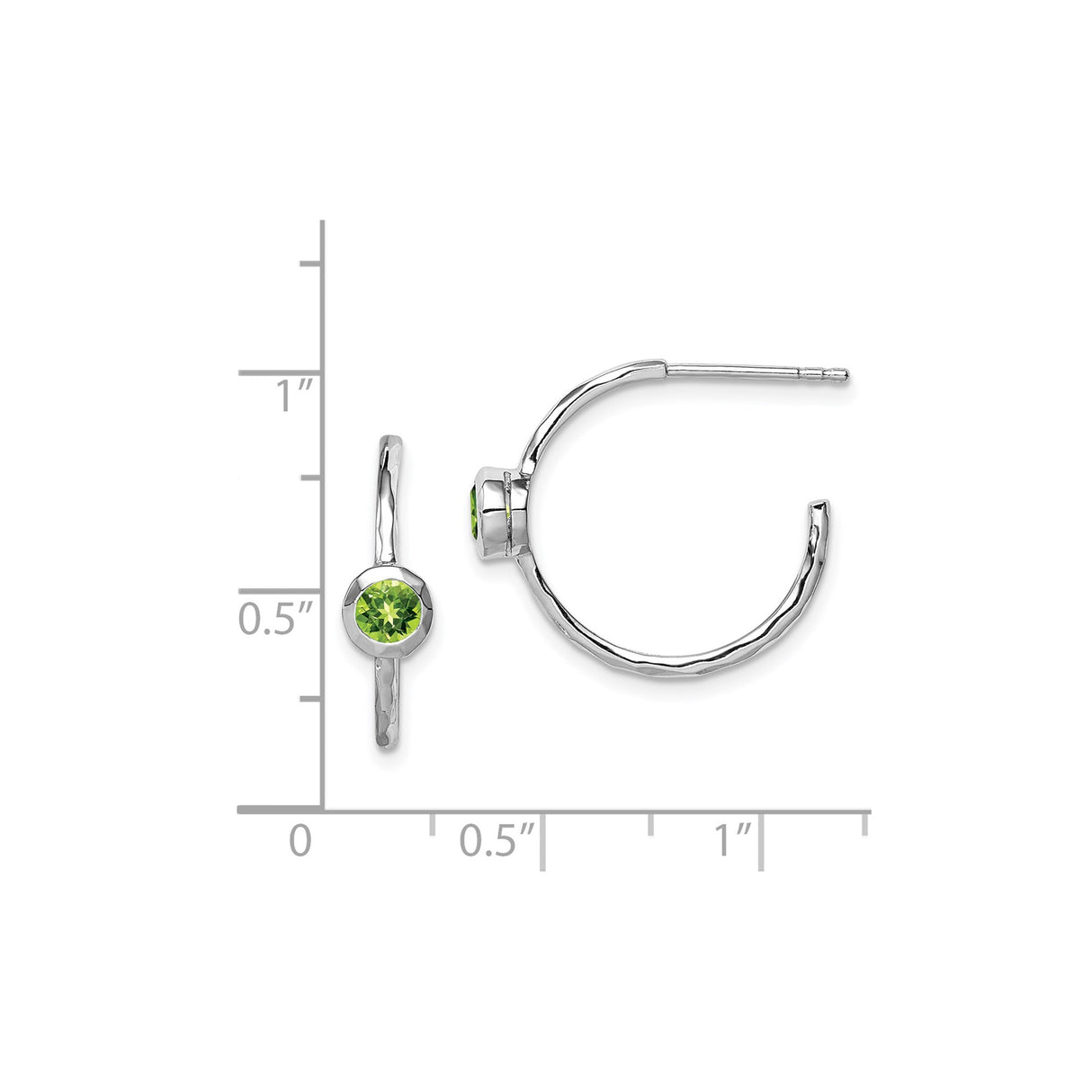 Sterling Silver Hoop Earrings with Peridot, Bezel Set, Hammered Texture, Minimalist Design