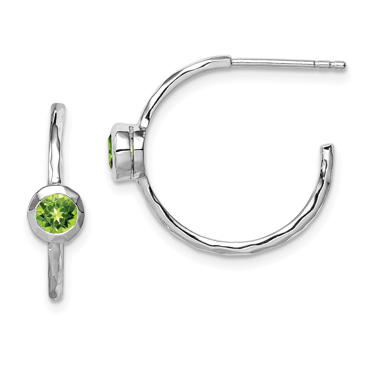 Sterling Silver Hoop Earrings with Peridot, Bezel Set, Hammered Texture, Minimalist Design
