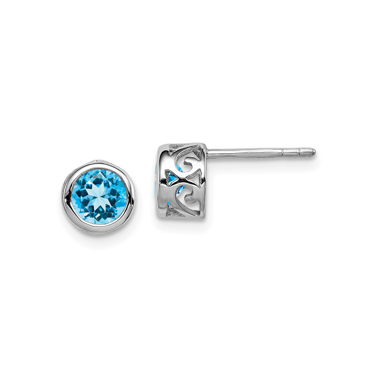 Sterling Silver Stud Earrings with Round Sky Blue Topaz, Bezel Set, Fleur-de-Lis Detail