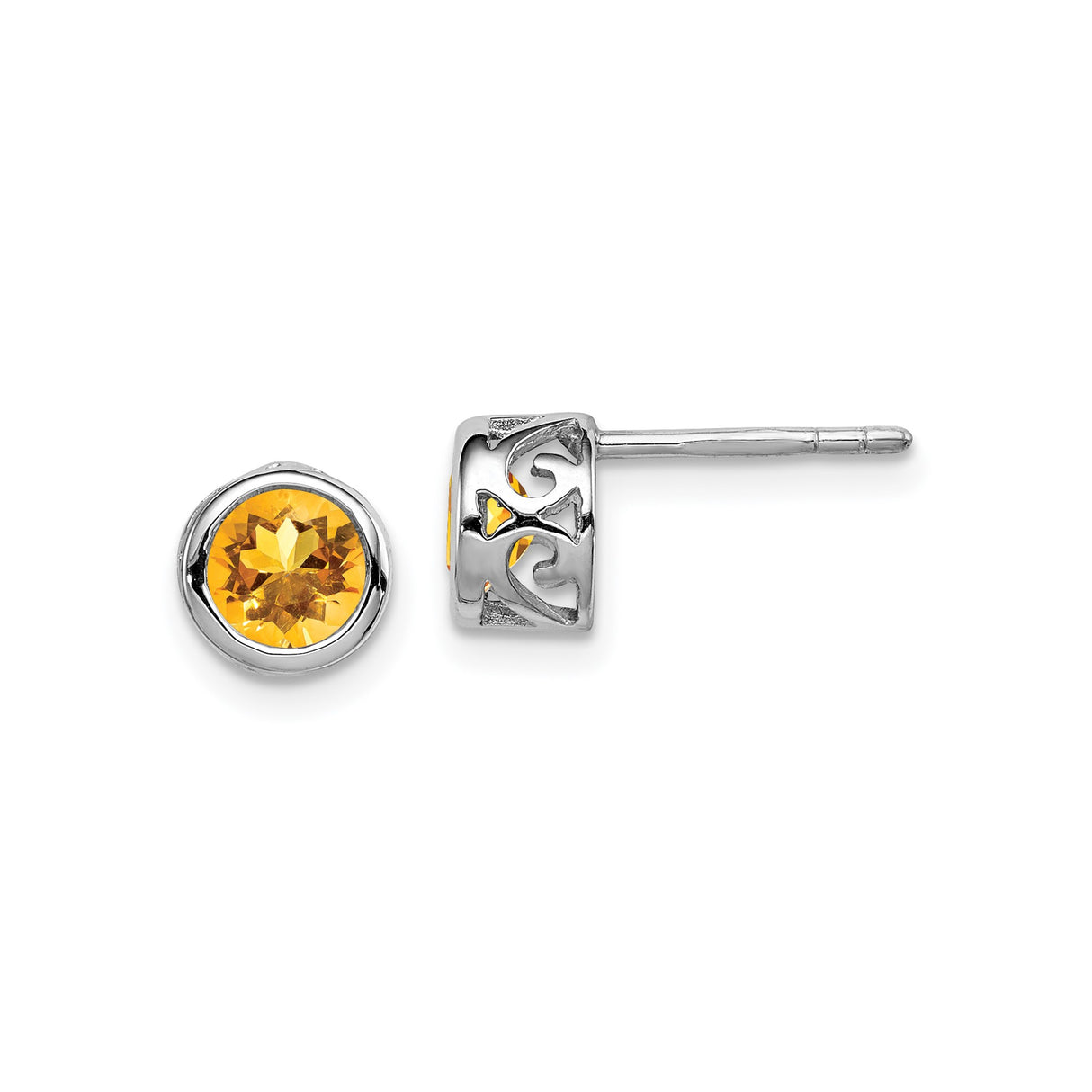 Sterling Silver Stud Earrings with Citrine in Bezel Setting, Fleur-de-lis Design