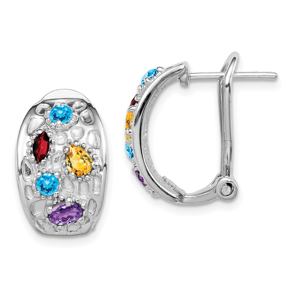 Sterling Silver Hoop Earrings with Amethyst and Swiss Blue Topaz, Textured Openwork Design