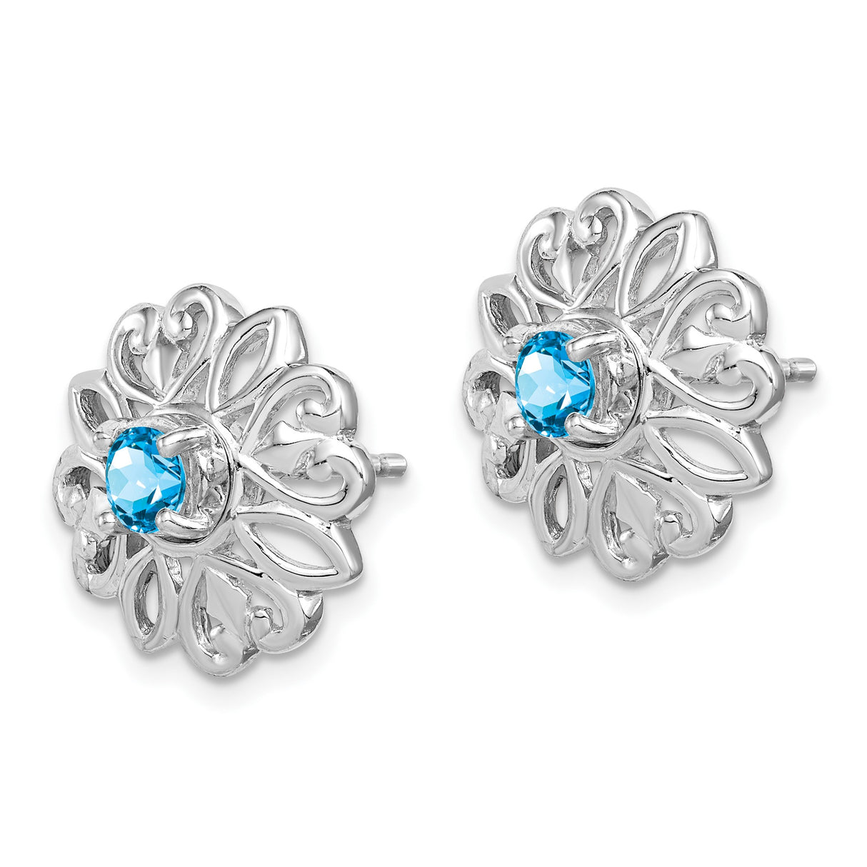 Sterling Silver Stud Earrings with Swiss Blue Topaz, Floral Filigree and Heart Accents
