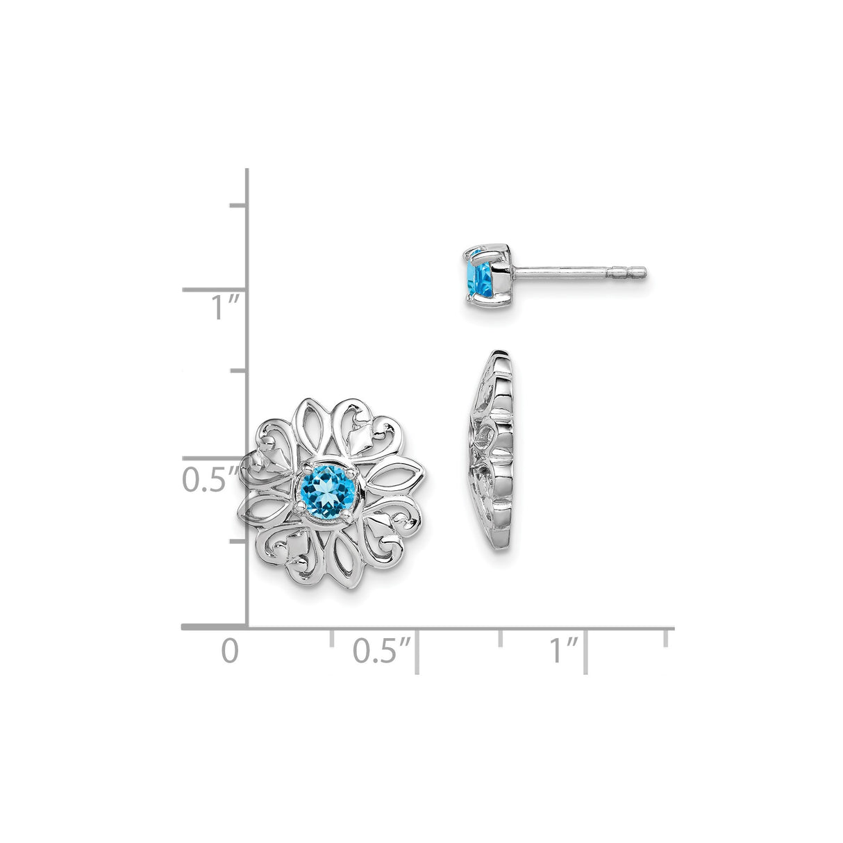 Sterling Silver Stud Earrings with Swiss Blue Topaz, Floral Filigree and Heart Accents