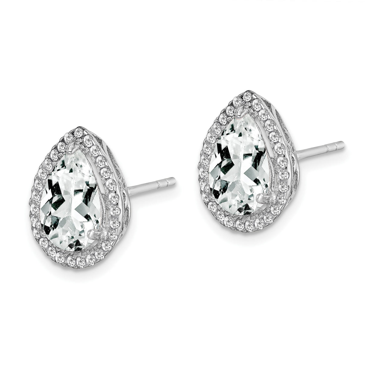 Sterling Silver Teardrop Stud Earrings with Pear Shaped Cubic Zirconia and Halo Setting